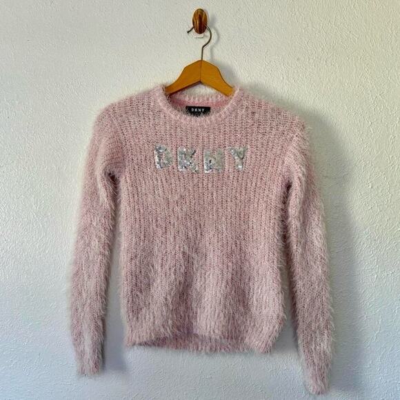 DKNY y2k baby pink silver sequin fuzzy logo sweater M - Picture 1 of 8